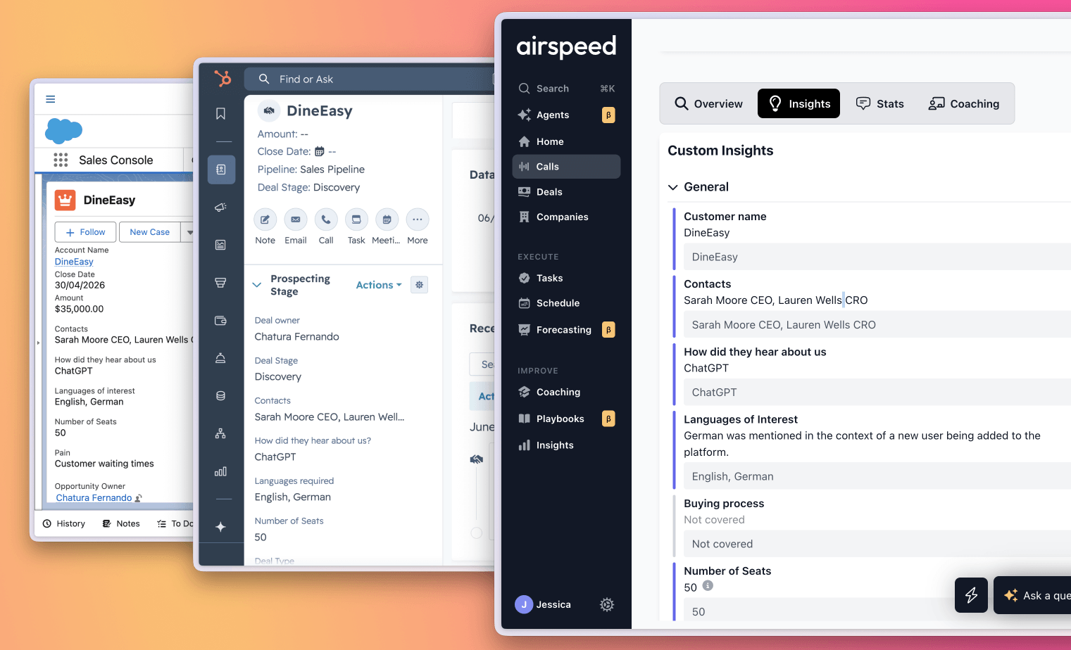 Airspeed extracting call insights and syncing the right fields into Salesforce and HubSpot after every call.