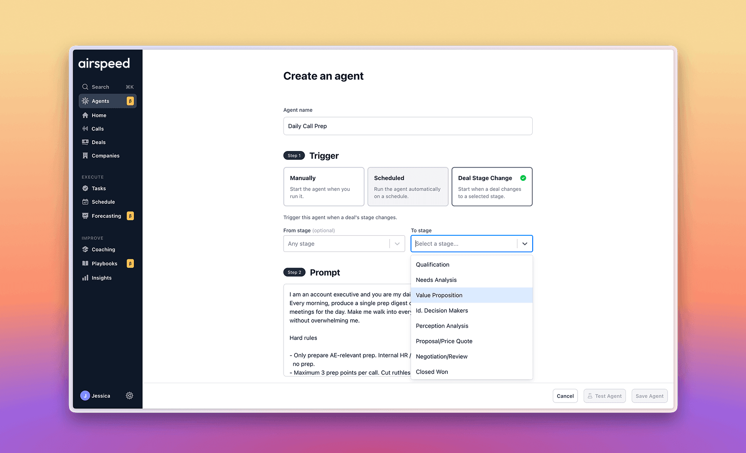 Airspeed agent builder configured with manual, scheduled, and deal-stage-change triggers feeding a prompt.