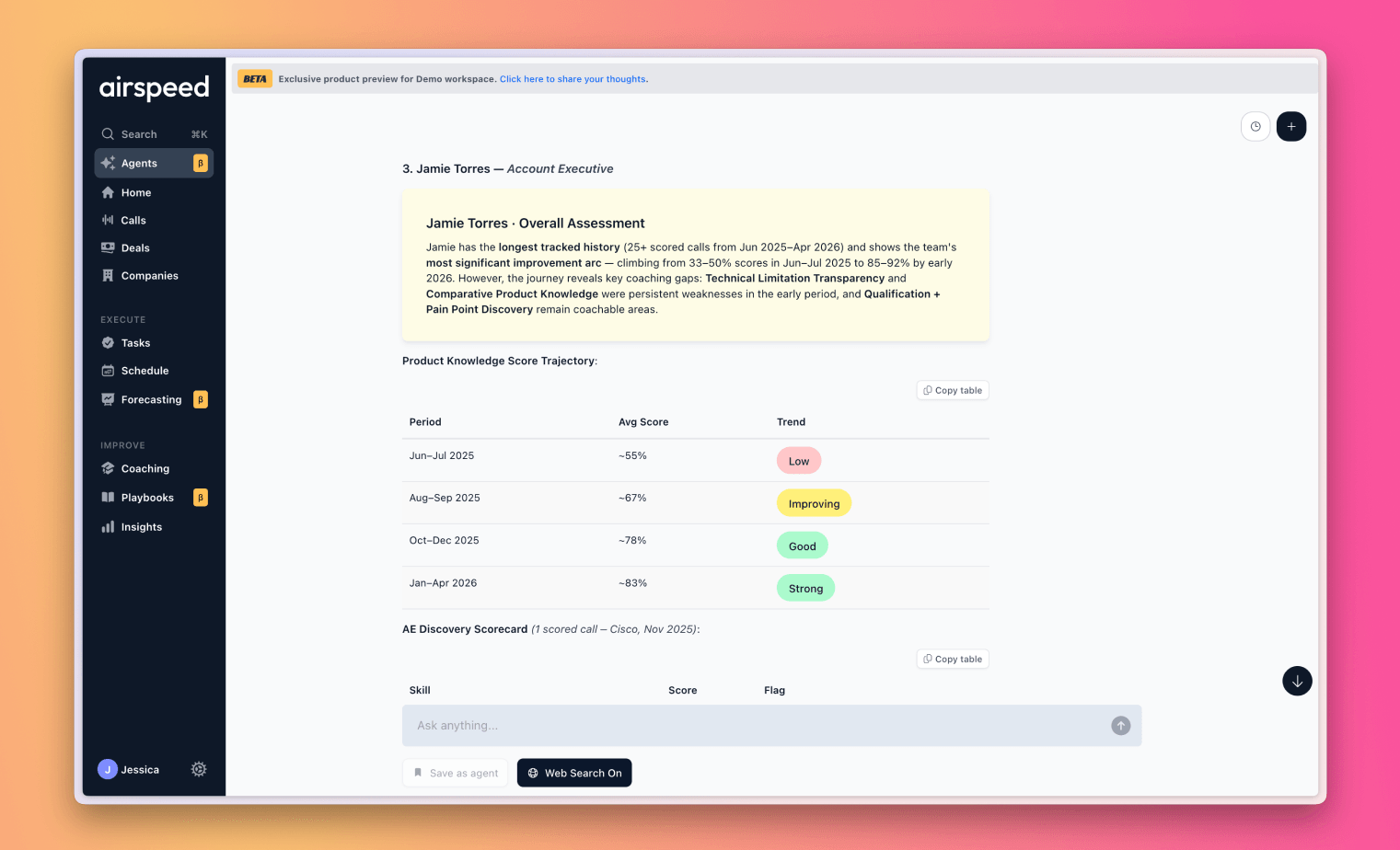 Airspeed manager coaching view with a rep overall assessment and product-knowledge score trajectory.