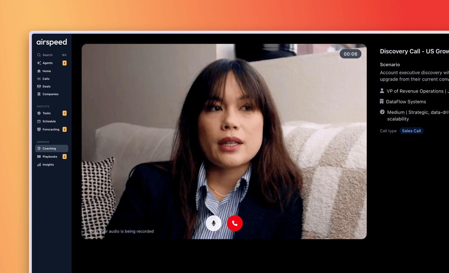 Airspeed AI roleplay simulation: a live video call with an AI buyer avatar and the discovery-call scenario brief.