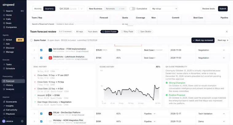 An expanded deal in Airspeed showing deal history, close probability history and the reasoning behind a 45% score