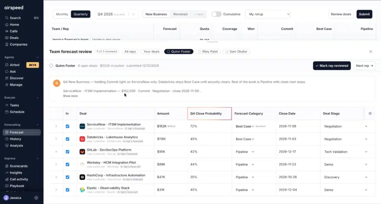 Team forecast review in Airspeed with a manager's category and amount adjustments shown against the rep's original values