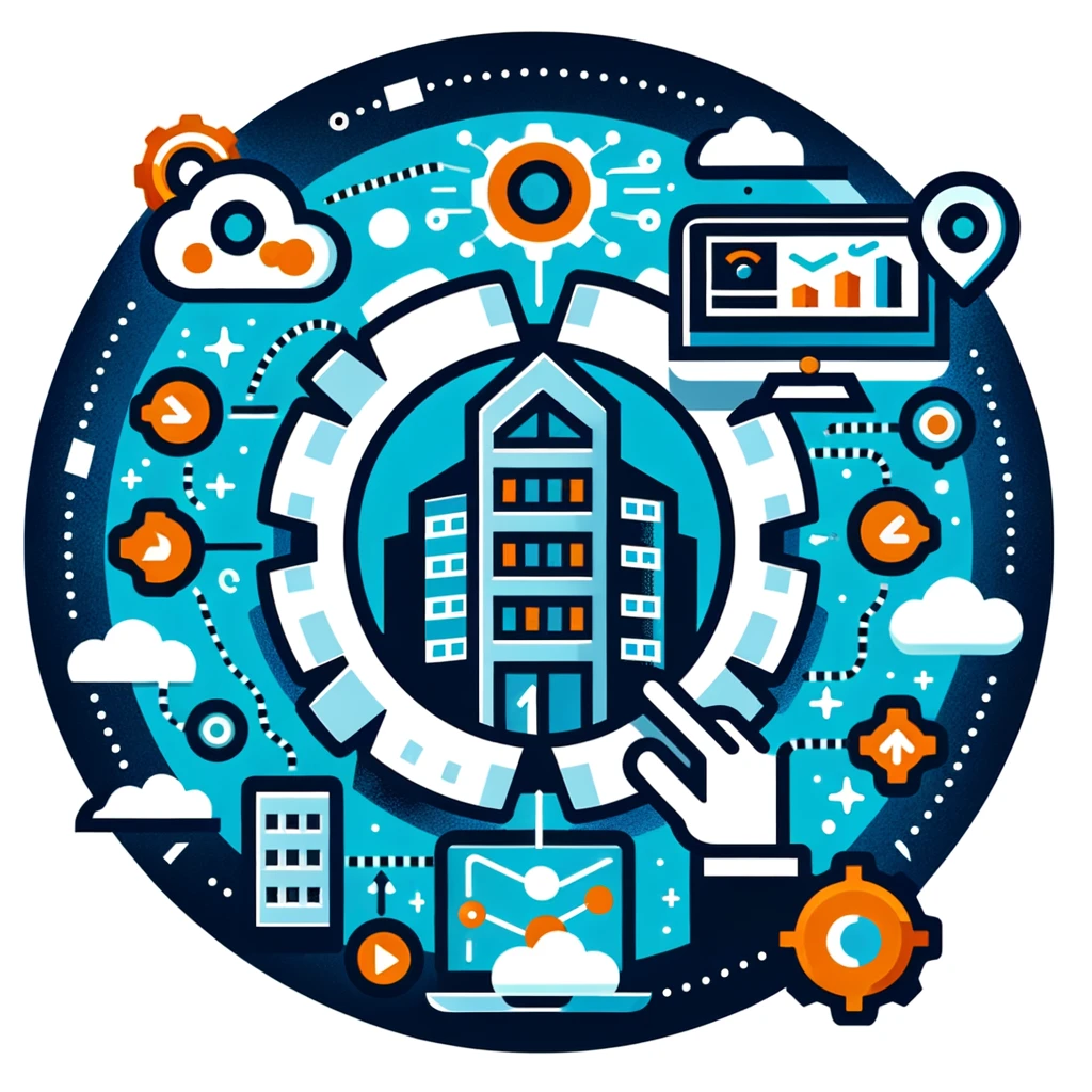 Create an icon that represents implementing a sales CRM in your business, incorporating elements such as a gear for system integration, a building or company structure to signify the business environment, a computer or mobile device showing the CRM interface, and arrows or a network symbolizing the deployment and connection within the business. Maintain the modern and professional style consistent with the previous icons, using a color scheme of blues, greens, and a touch of orange. The icon should visually communicate the process of integrating and utilizing a sales CRM system in a corporate setting, emphasizing efficiency and technological advancement.