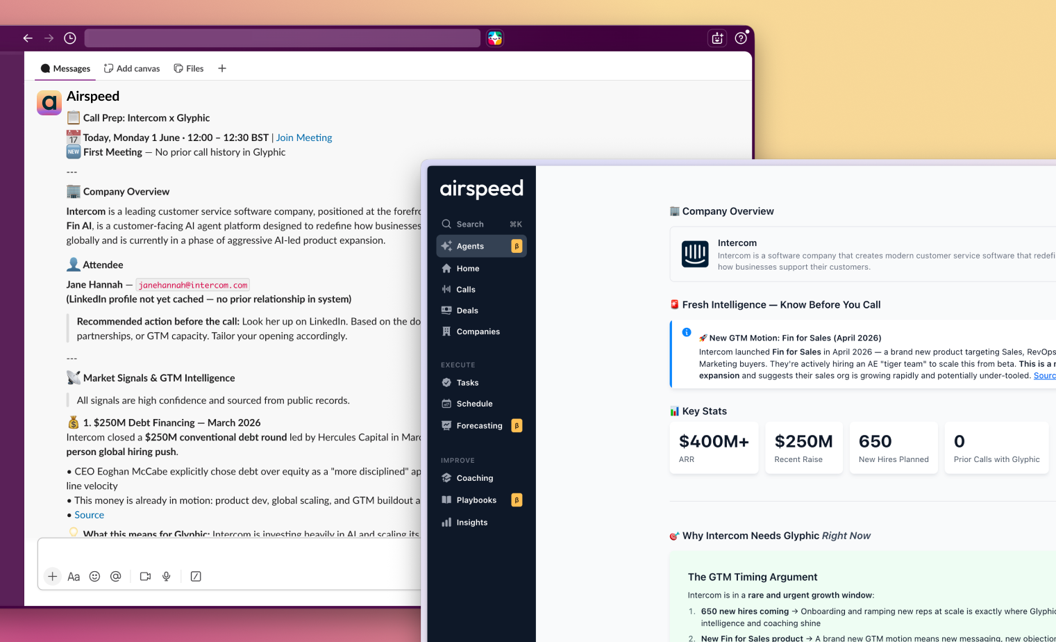 Airspeed call prep view showing company overview, fresh intelligence, and key stats for an upcoming meeting.
