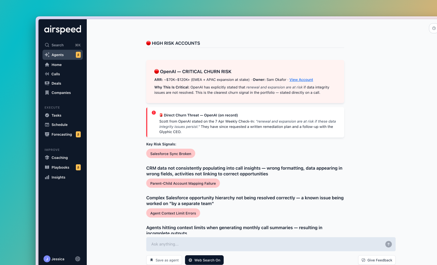 Airspeed high-risk accounts view highlighting a critical churn risk for OpenAI with direct quotes and key risk signals.