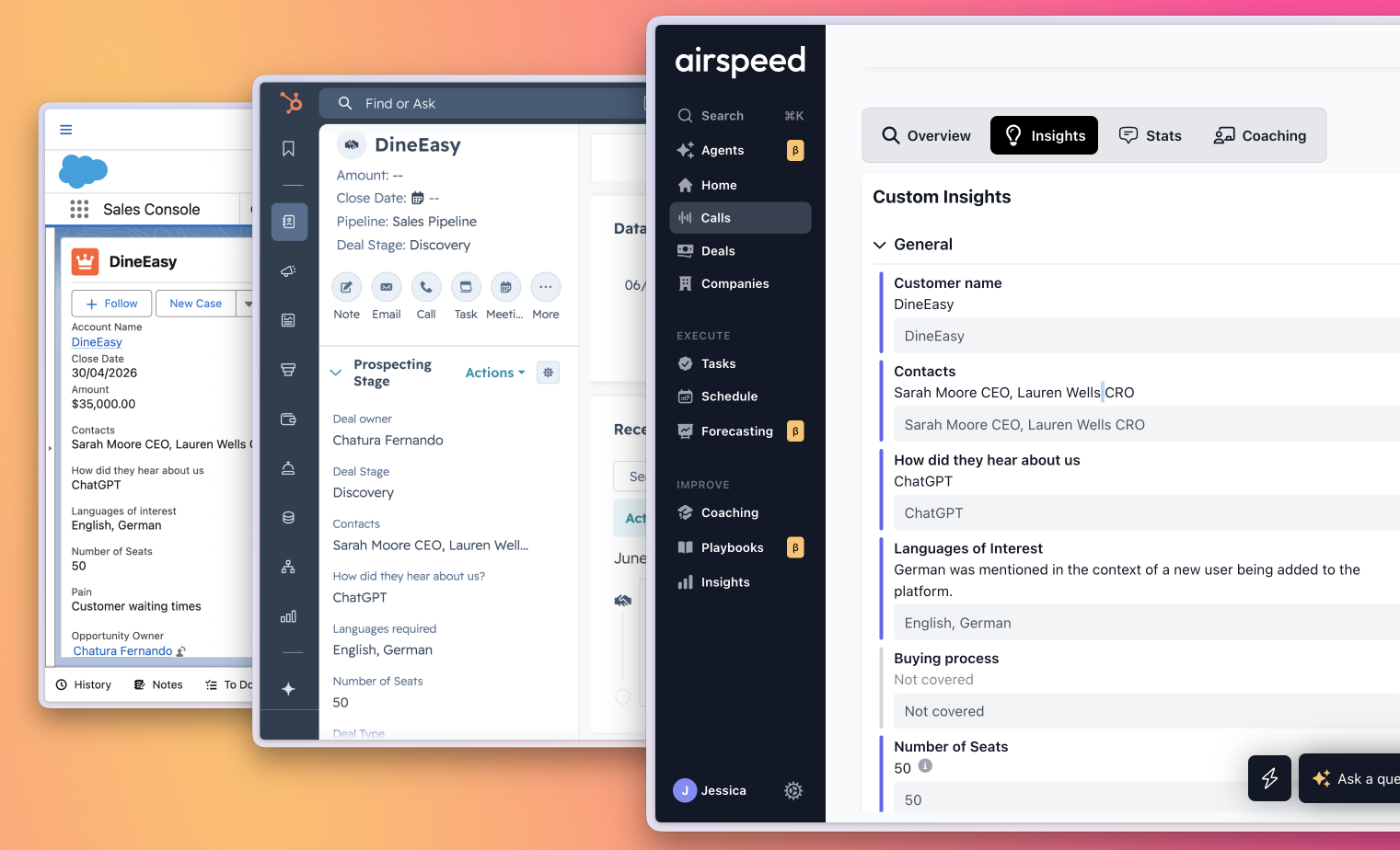 Airspeed extracting call insights and syncing the right fields into Salesforce and HubSpot after every call.