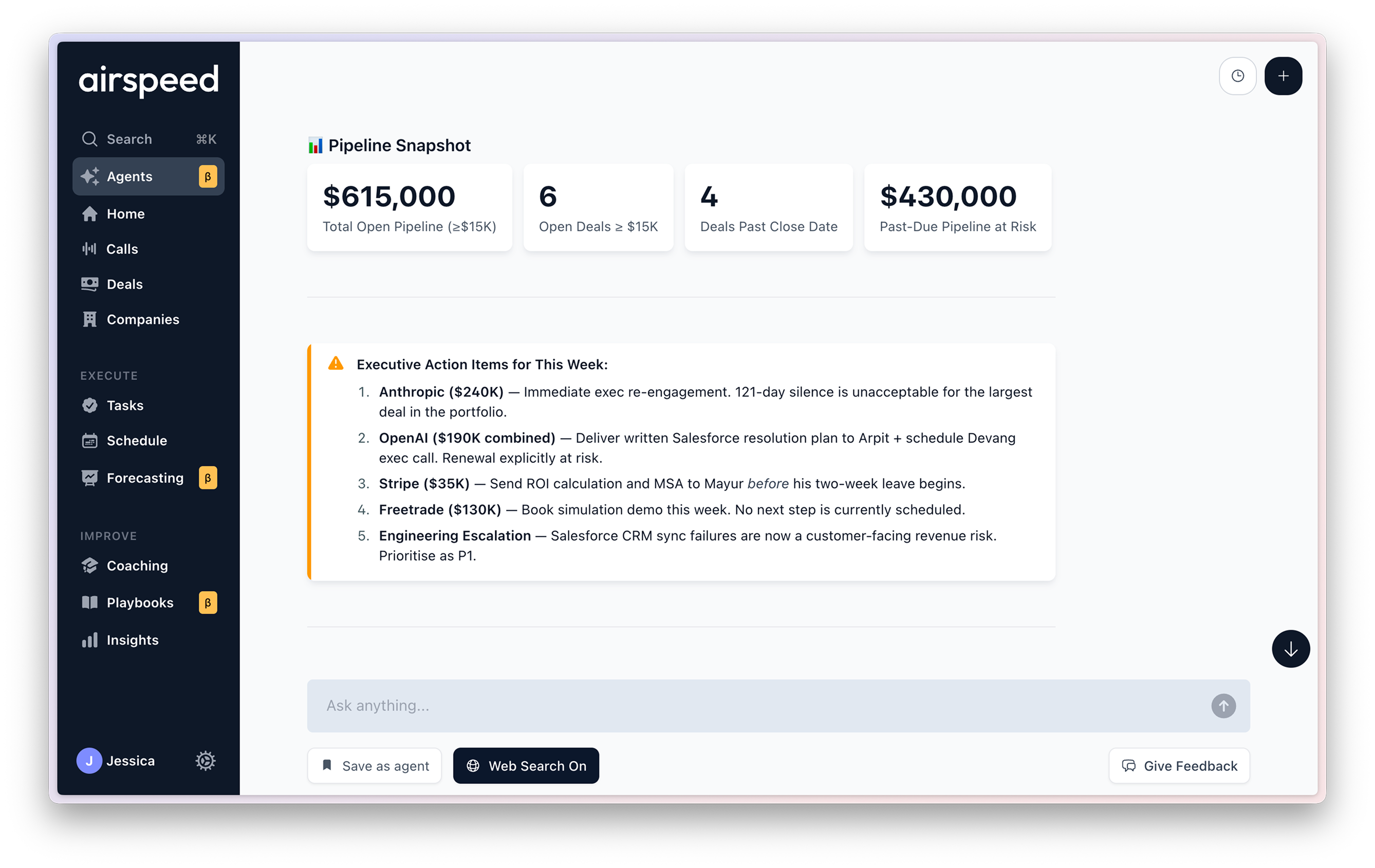 Airspeed pipeline snapshot with executive action items for the week, surfaced before anyone opened a dashboard.