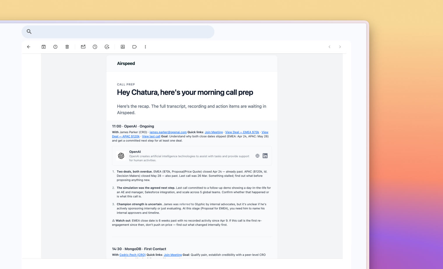 Airspeed delivering automated email outputs, call summaries, pipeline reports, and coaching feedback, on a schedule.