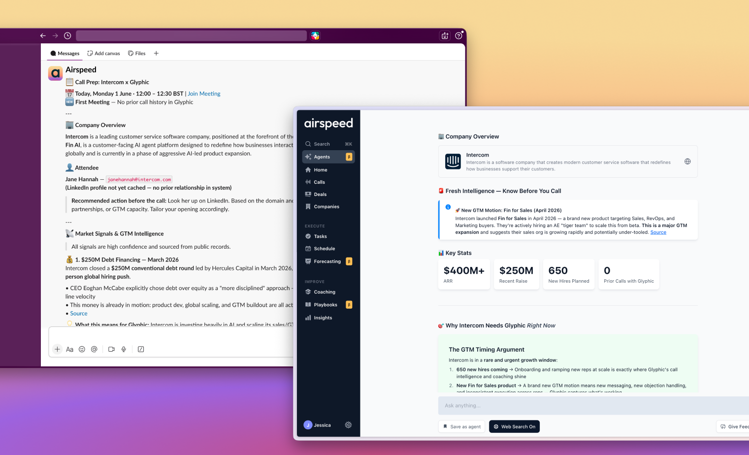Airspeed posting call summaries, deal alerts, and answers to Ask Airspeed directly inside Slack channels.
