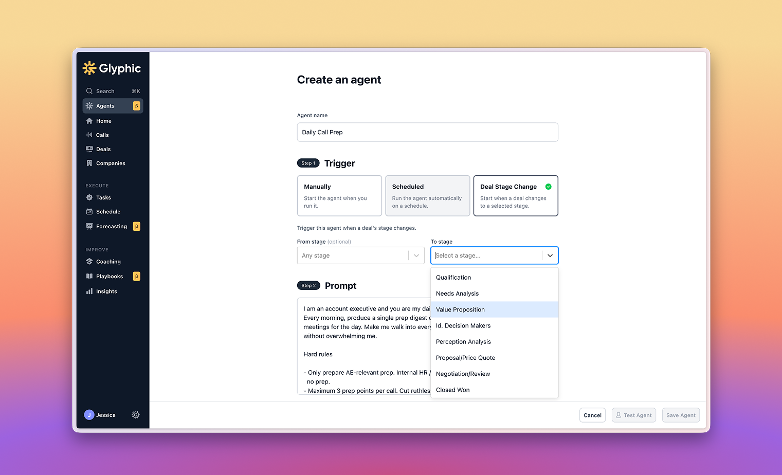 Airspeed agent builder configured with manual, scheduled, and deal-stage-change triggers feeding a prompt.