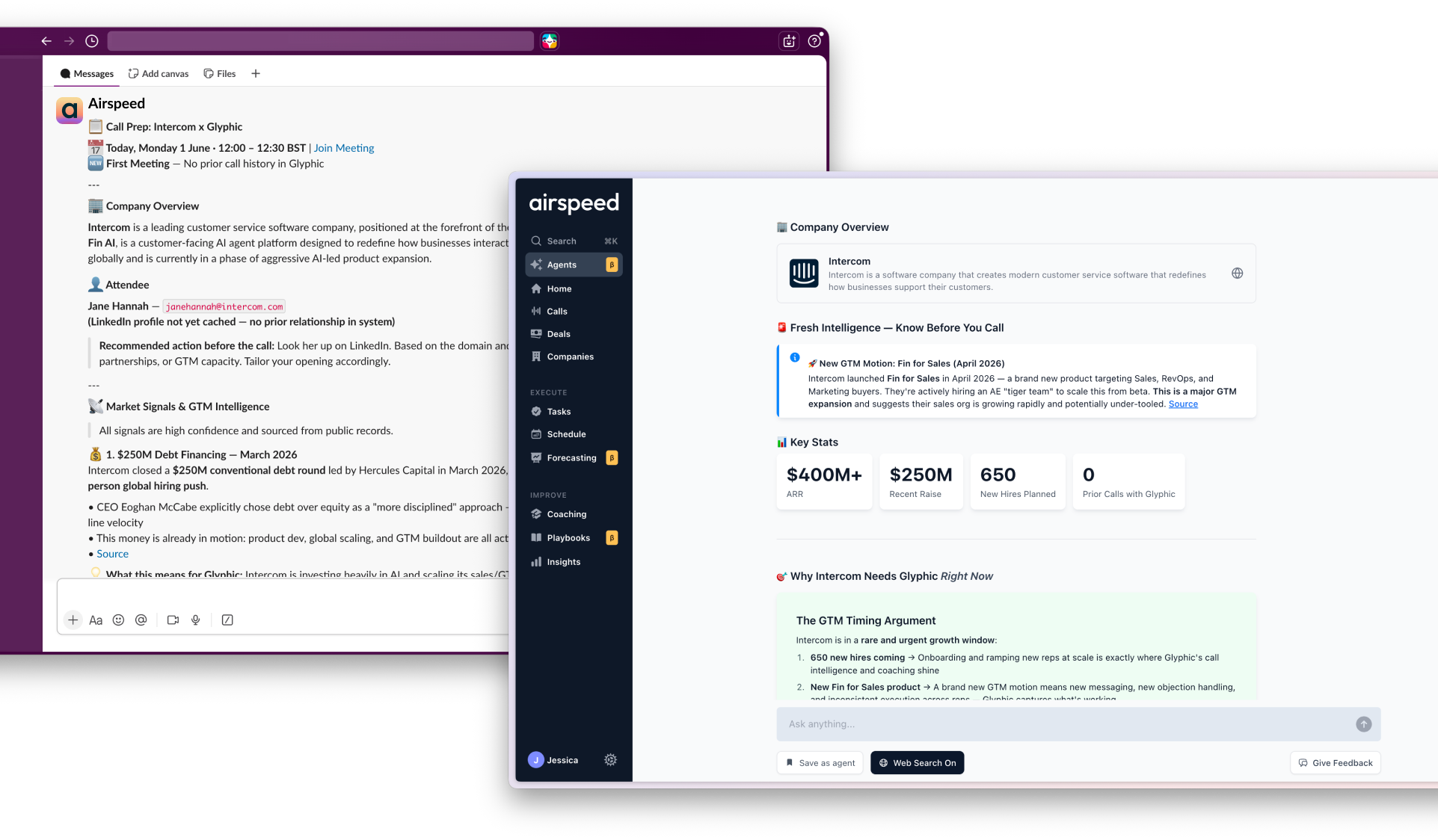 Airspeed automated call prep briefing delivered in Slack alongside the in-app company overview, fresh intelligence, and key stats.