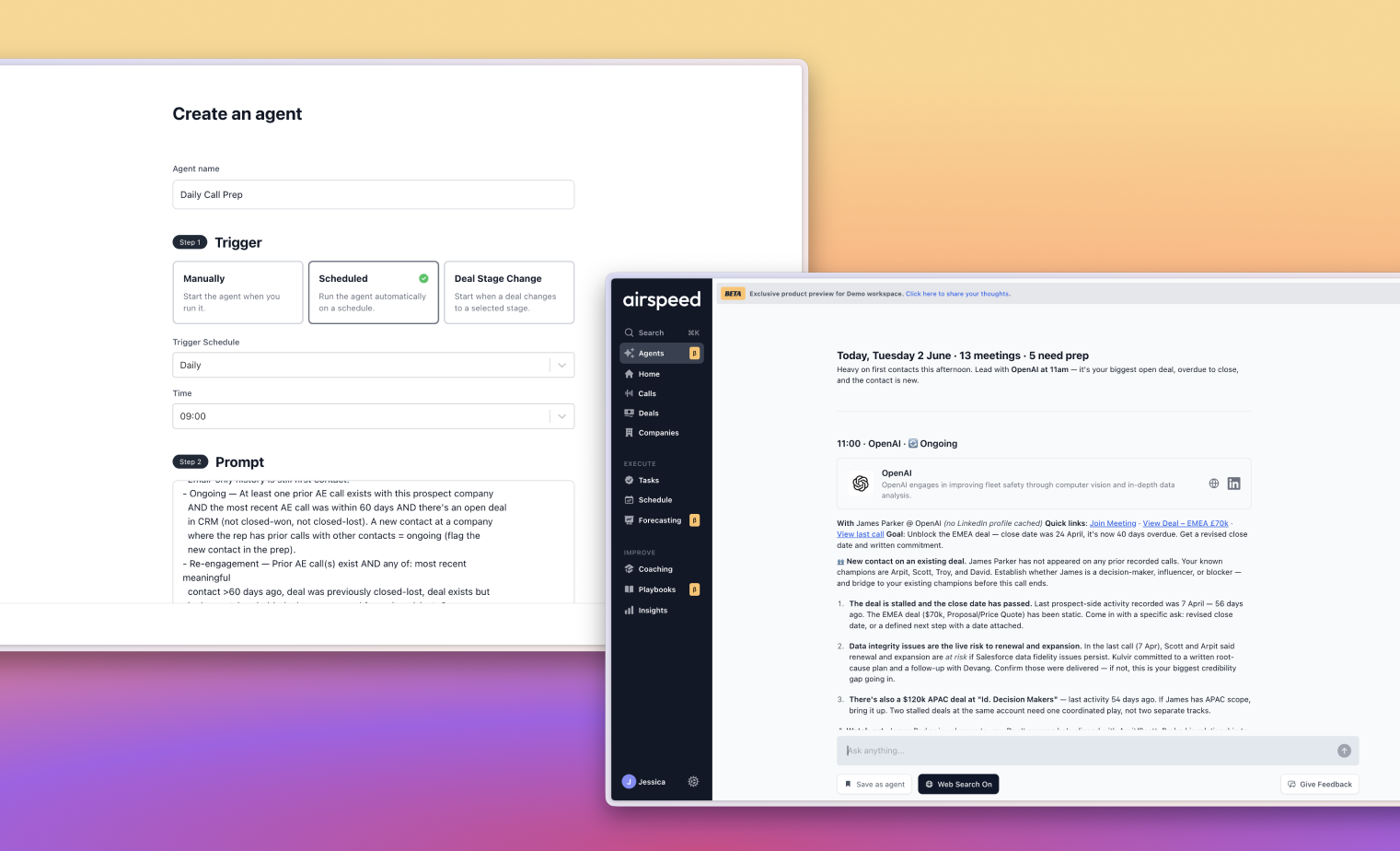 Airspeed Call Prep Agent configured with a calendar trigger and schedule, delivering an automated briefing into Slack before the meeting.