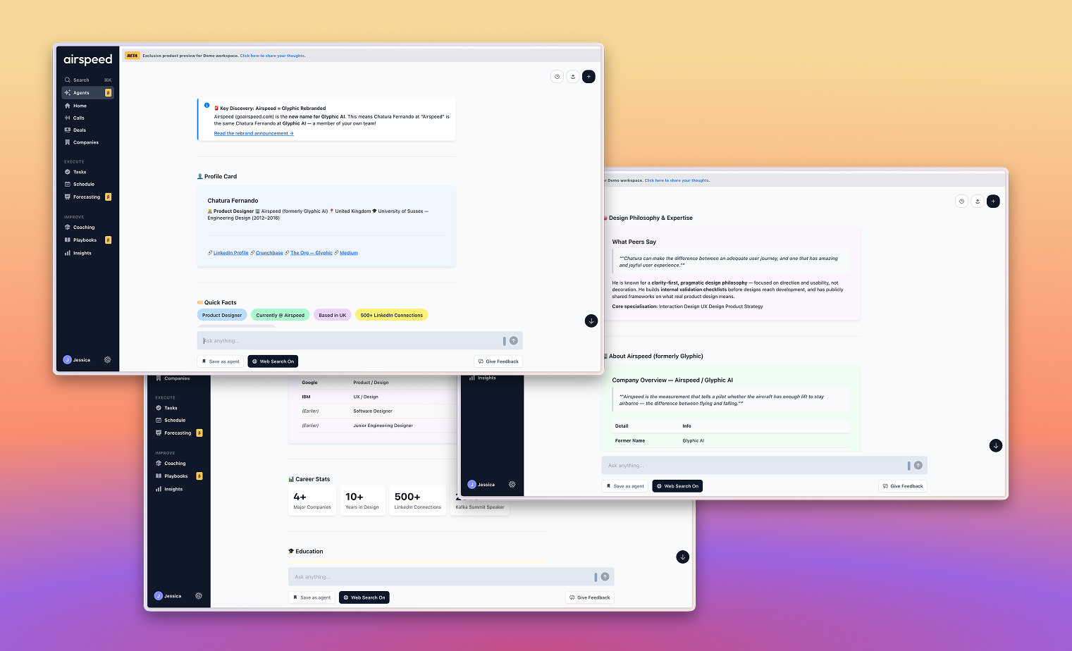 Airspeed surfacing live web research on a prospect alongside mapped meeting participants with their LinkedIn profiles and buying roles.