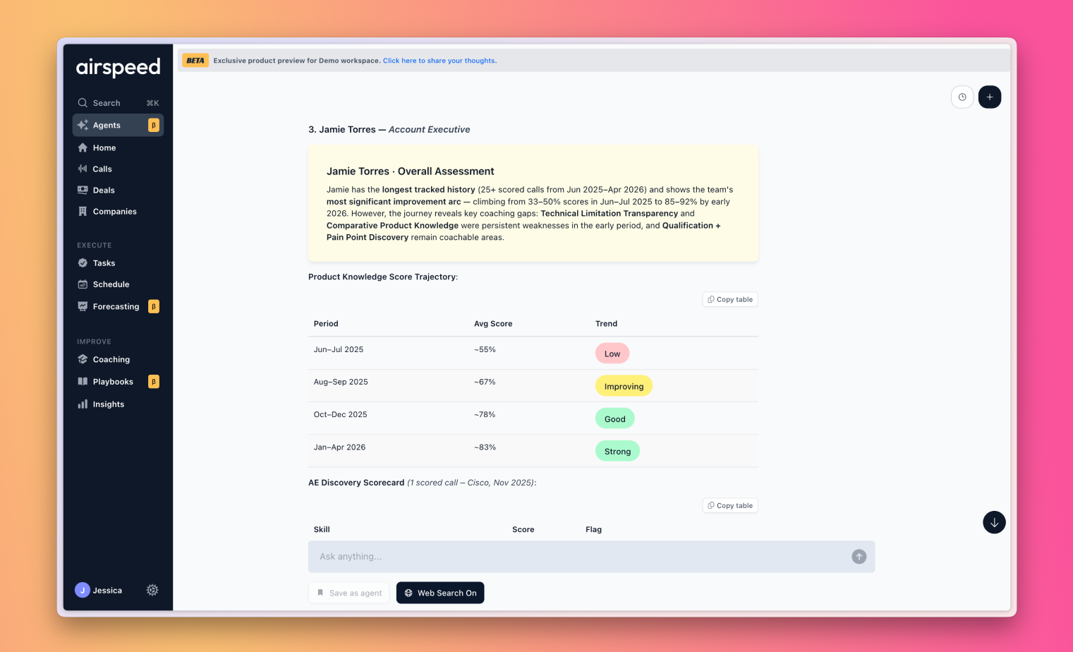 Airspeed manager coaching view with a rep overall assessment and product-knowledge score trajectory.