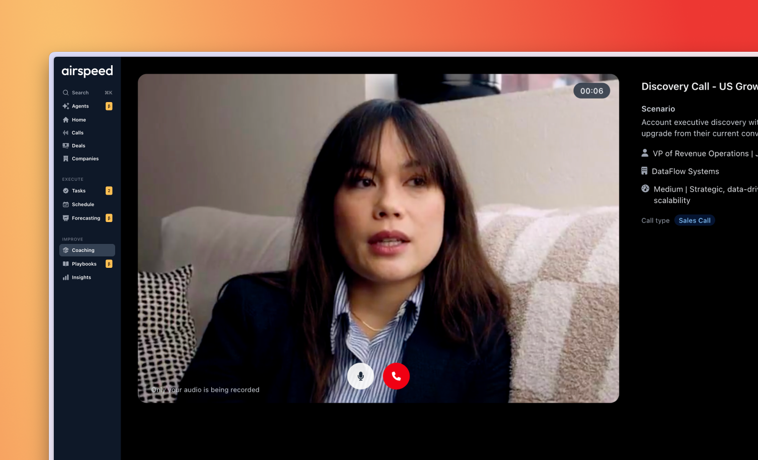 Airspeed AI roleplay simulation: a live video call with an AI buyer avatar and the discovery-call scenario brief.
