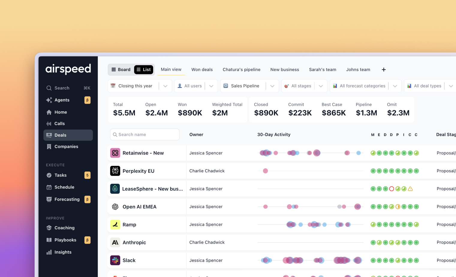 Airspeed saved pipeline views filtered to a focused set of deals.