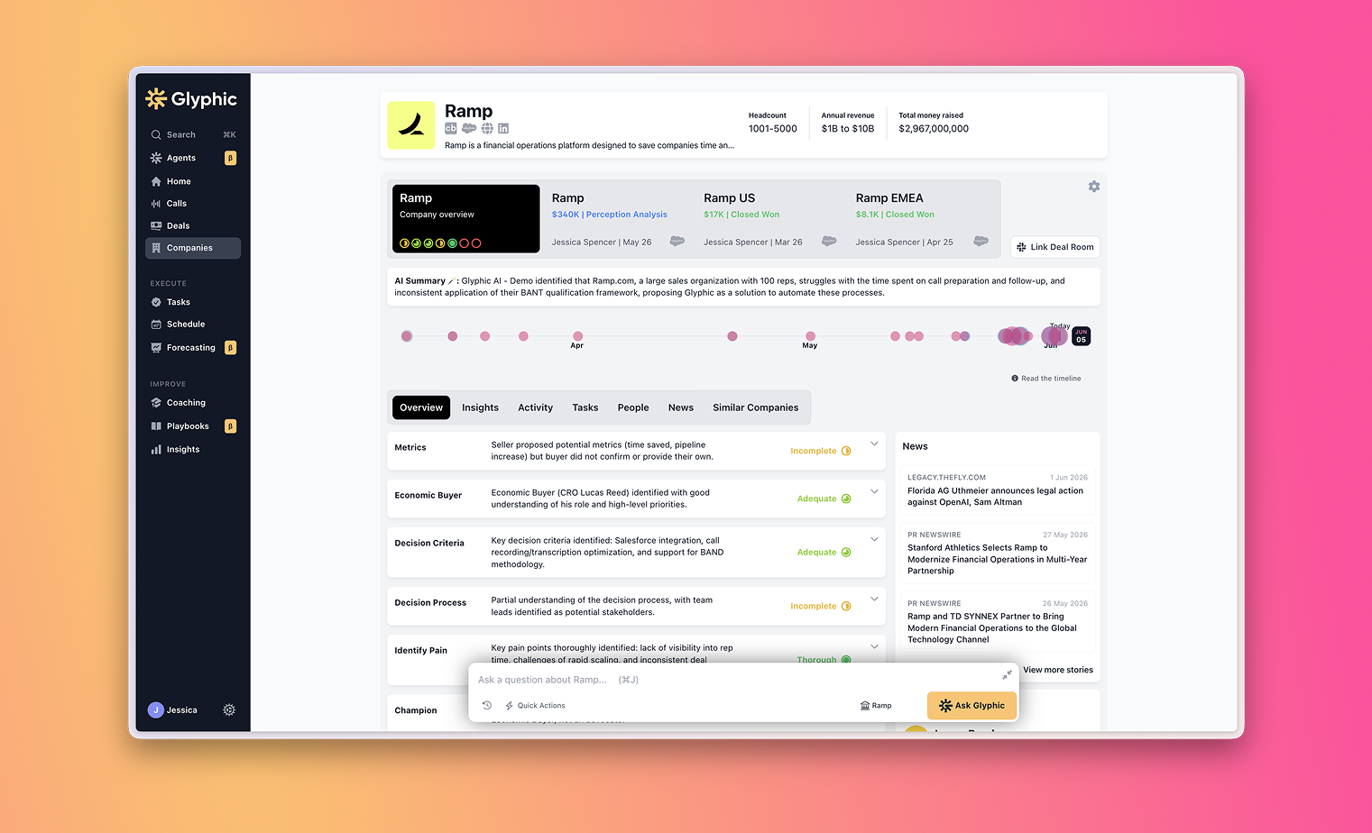 Airspeed deal-level AI summary with a running, auto-built deal plan drawn from every call and email.