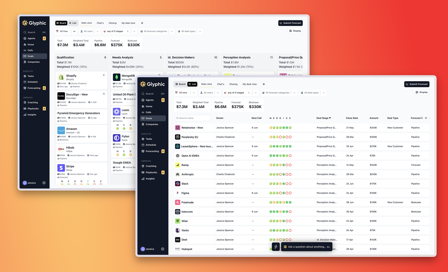 Airspeed list and board views of the pipeline with conversational context layered onto every deal.