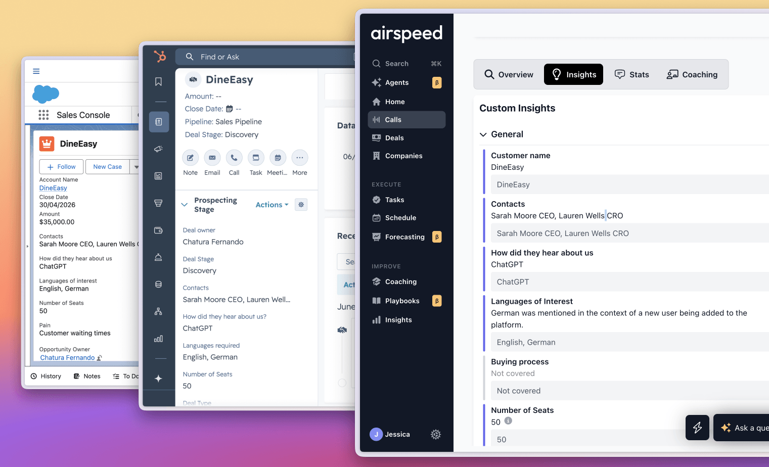 Airspeed pulling the insights from a call into the right Salesforce and HubSpot fields, side by side with the source.