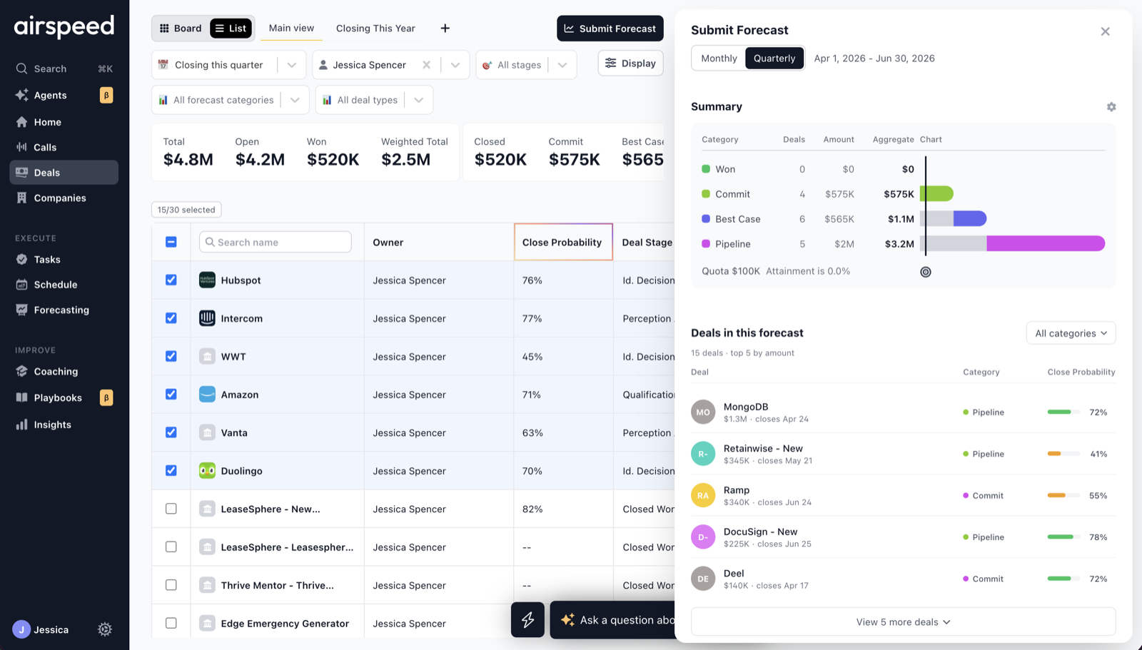 Airspeed deals table with auto-filled stages, close probabilities, and AI deal summaries