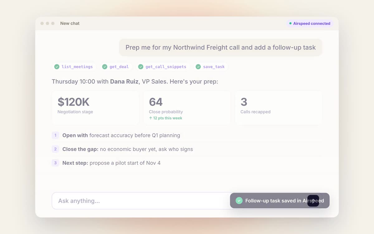 Claude preps a rep for a Northwind Freight call from Airspeed, with deal value, close probability, and talking points, then saves a follow-up task
